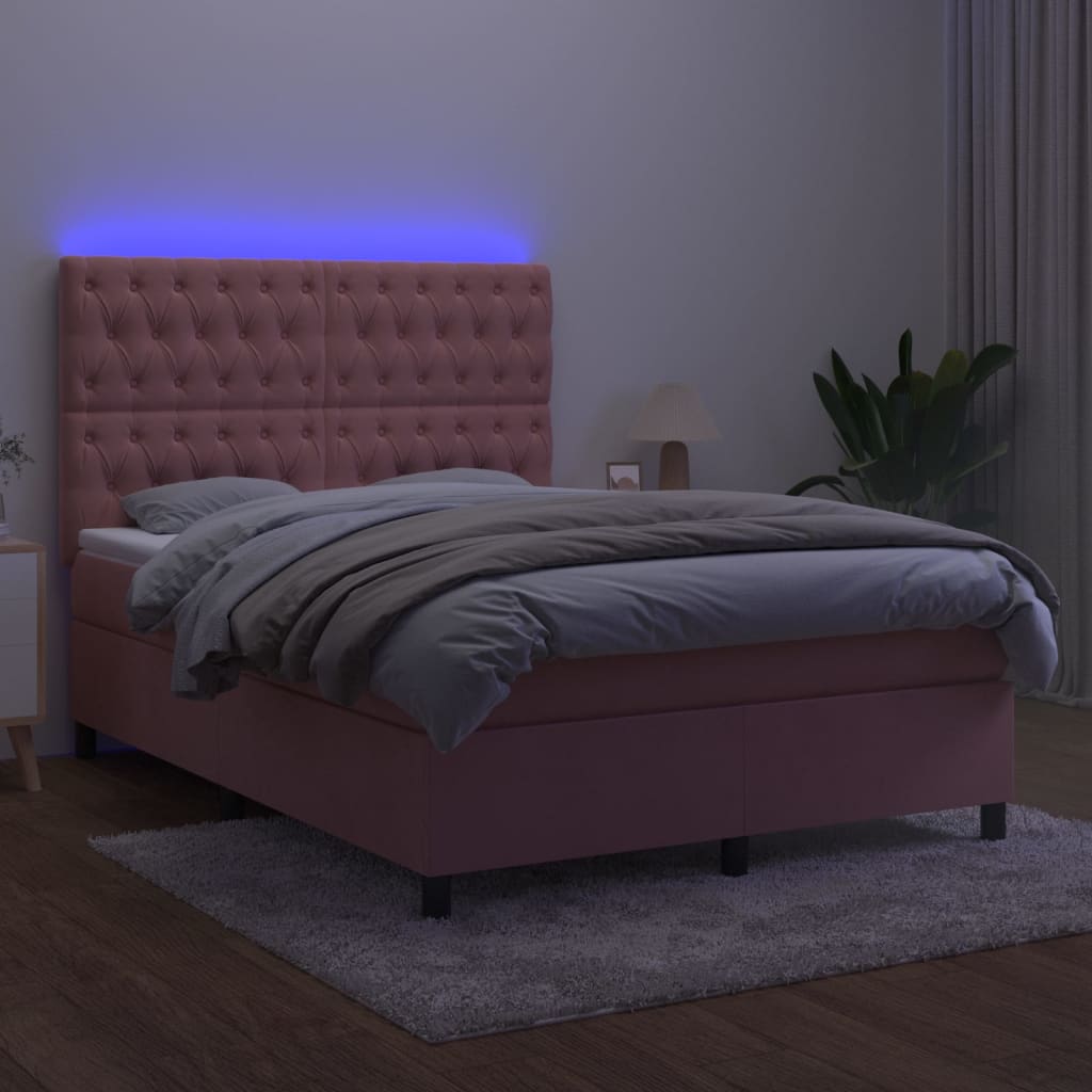 Krevet box spring s madracem LED ružičasti 140x190cm baršunasti