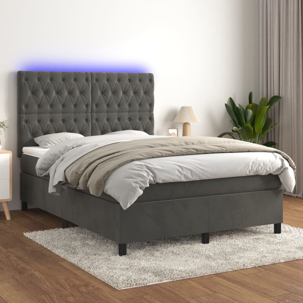 Krevet box spring s madracem LED tamnosivi 140x200 cm baršun