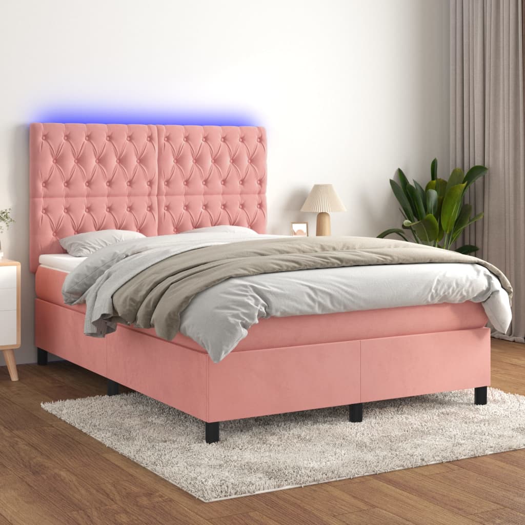 Krevet box spring s madracem LED ružičasti 140x200cm baršunasti