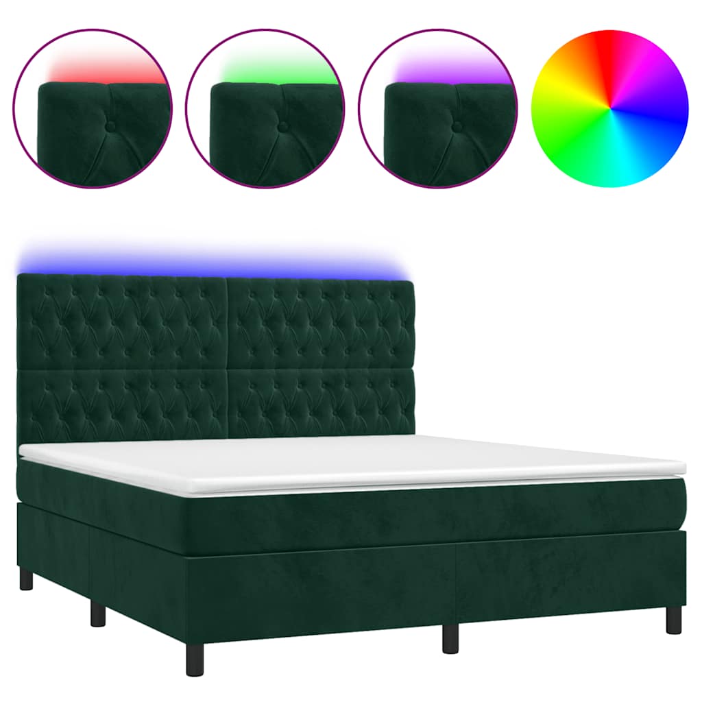Krevet box spring s madracem LED tamnozeleni 160x200 cm baršun