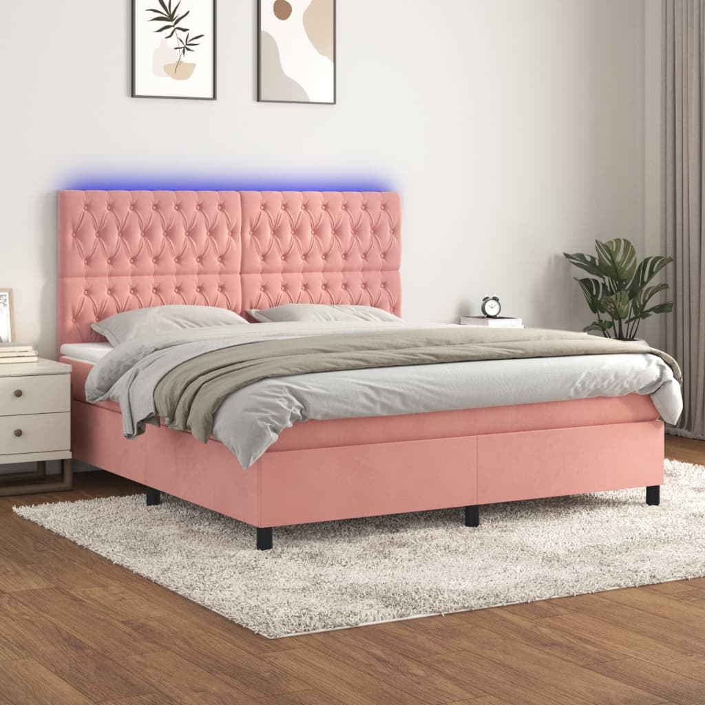 Krevet box spring s madracem LED ružičasti 160x200cm baršunasti