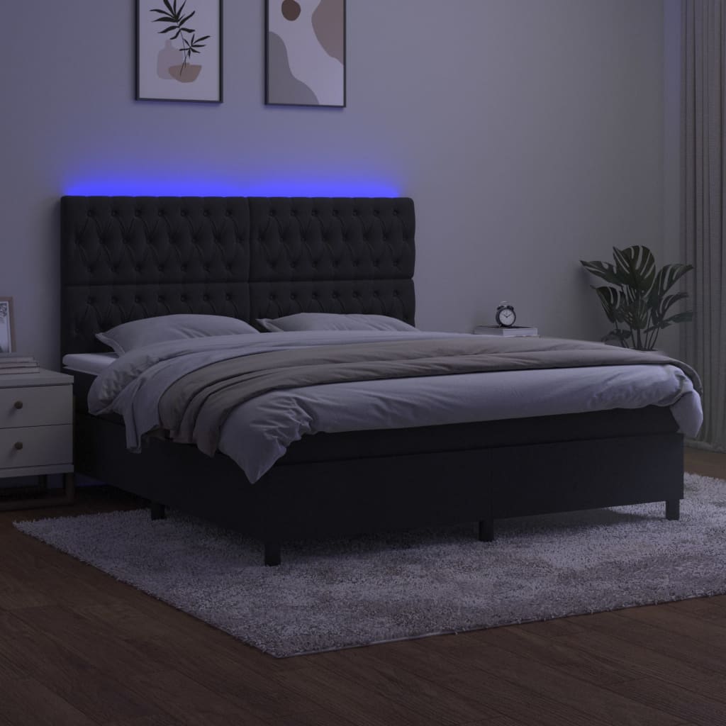 Krevet box spring s madracem LED crni 180x200 cm baršun