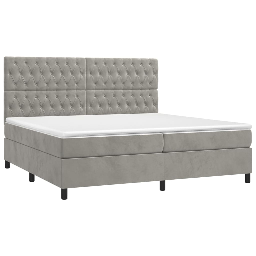 Krevet box spring s madracem LED svjetlosivi 200x200 cm baršun