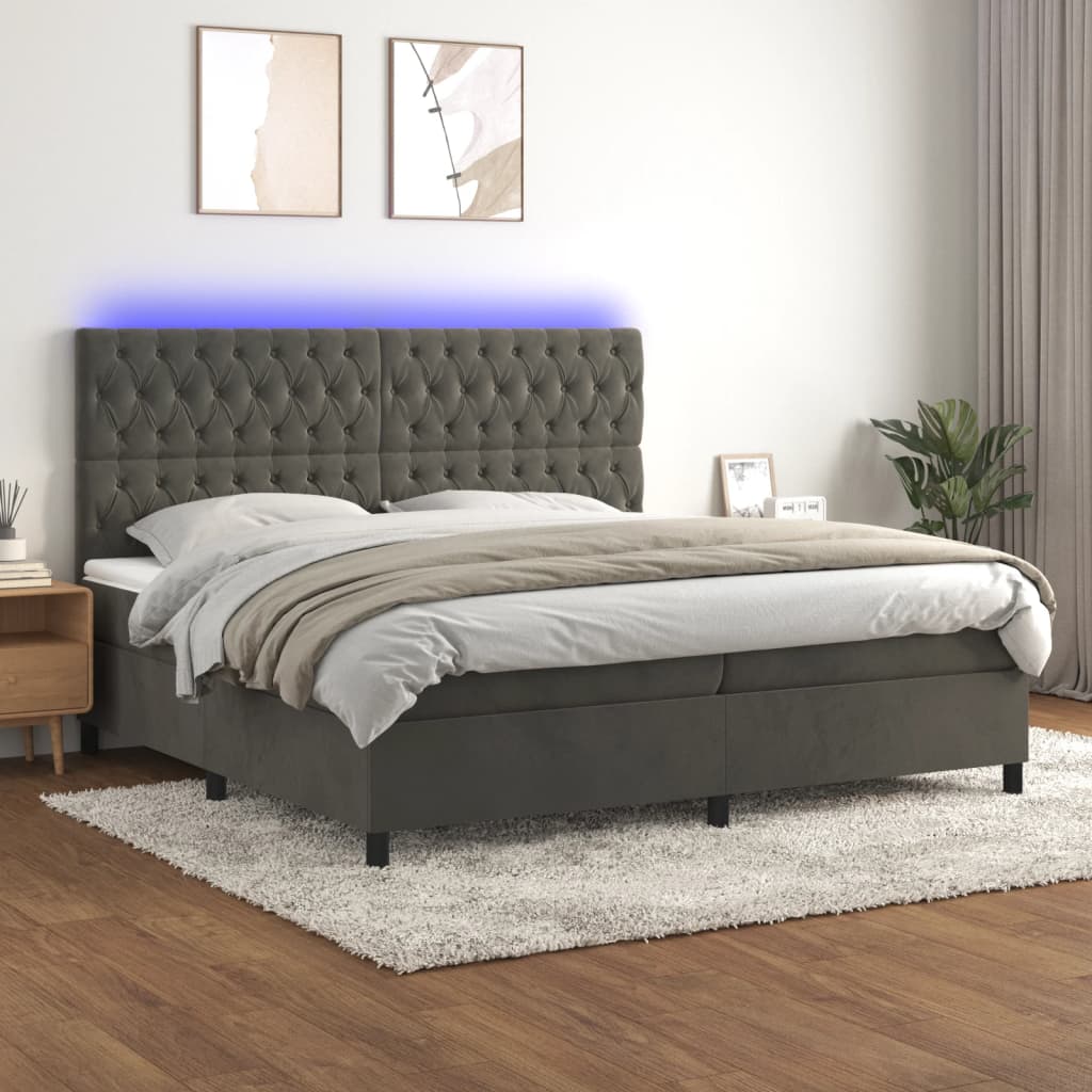 Krevet box spring s madracem LED tamnosivi 200x200 cm baršun