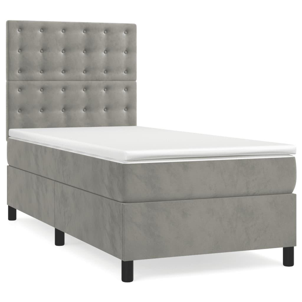 Krevet box spring s madracem LED svjetlosivi 90x200 cm baršun
