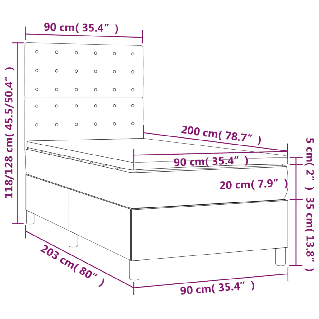 Krevet box spring s madracem LED svjetlosivi 90x200 cm baršun