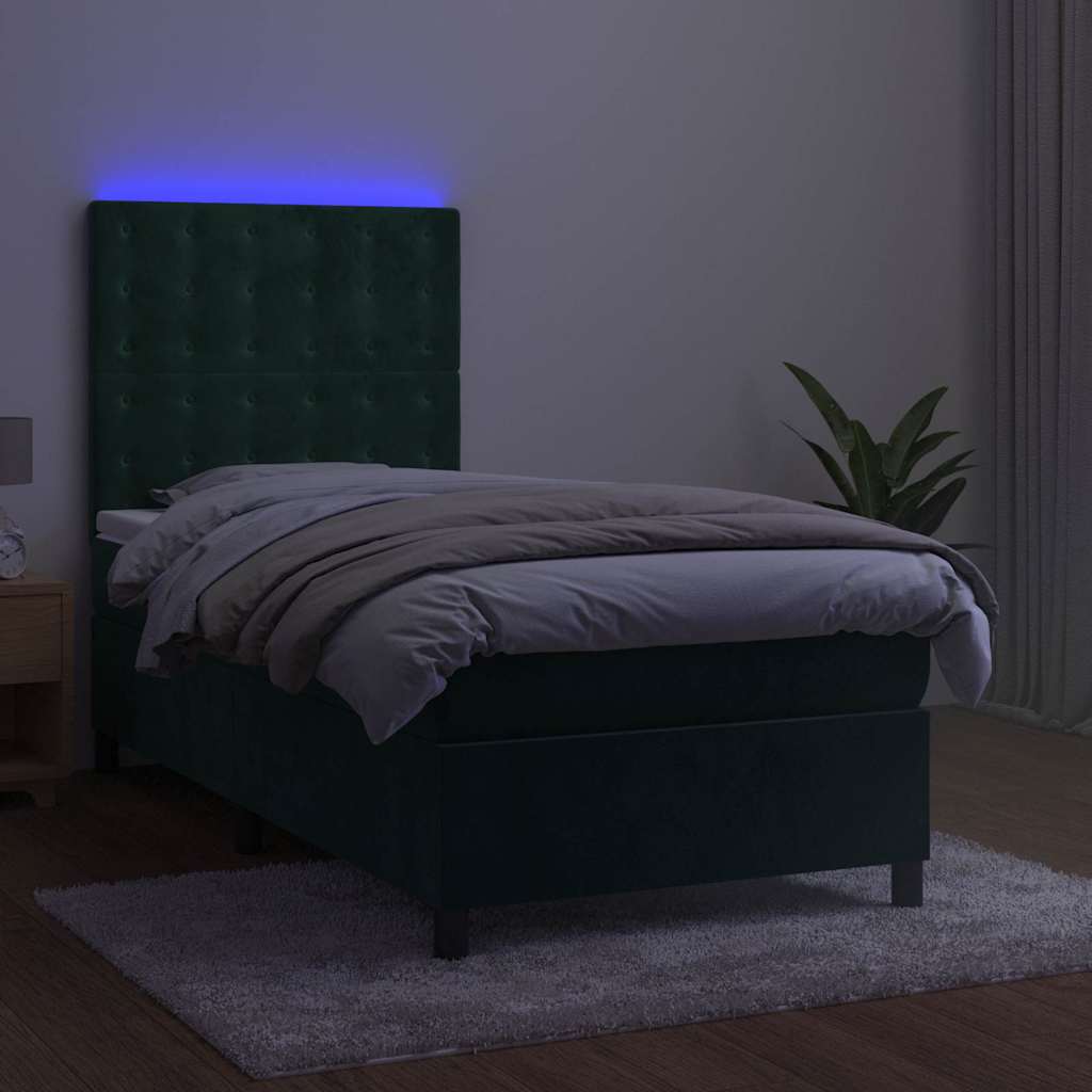 Krevet box spring s madracem LED tamnozeleni 100x200 cm baršun