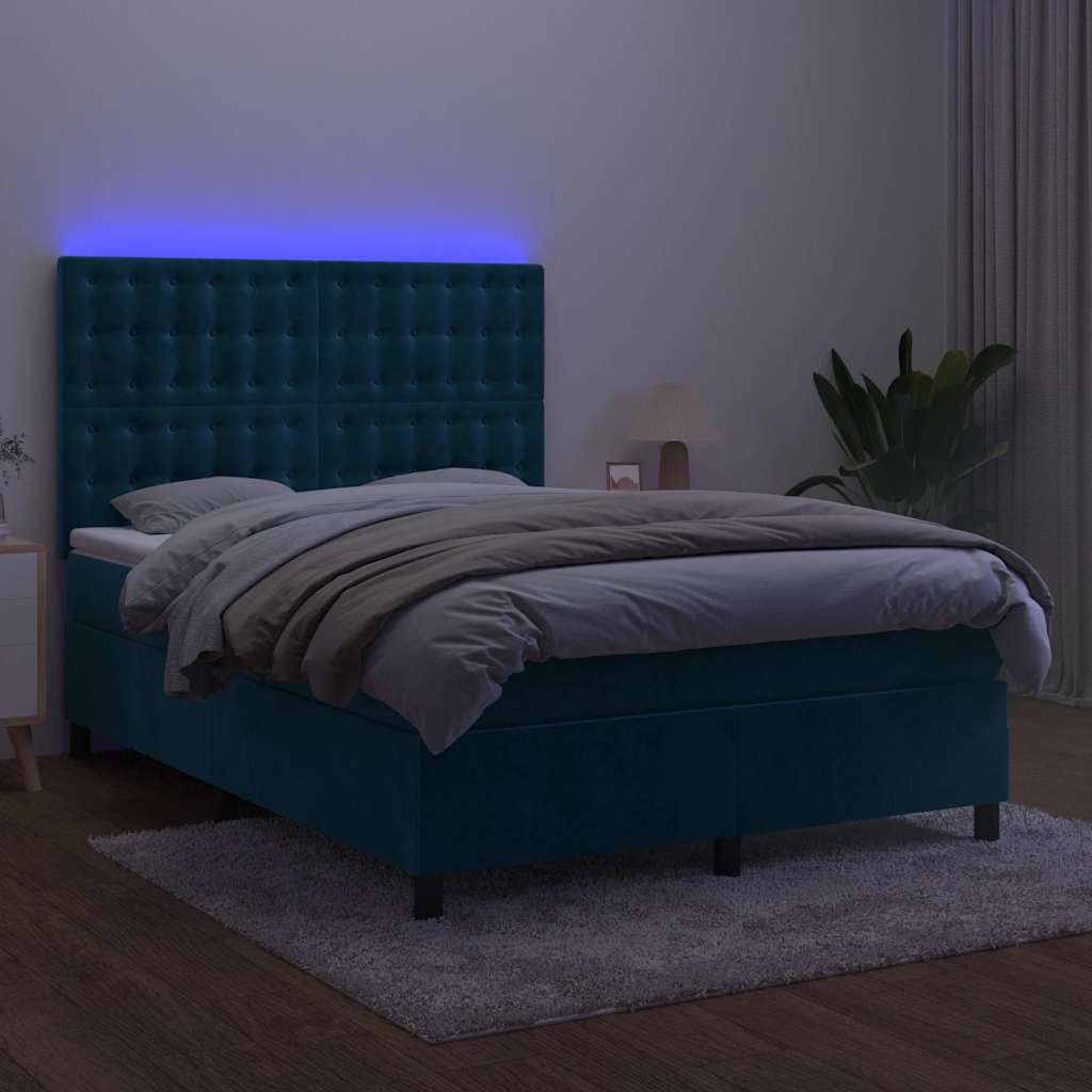 Krevet box spring s madracem LED tamnoplavi 140x190 cm baršun
