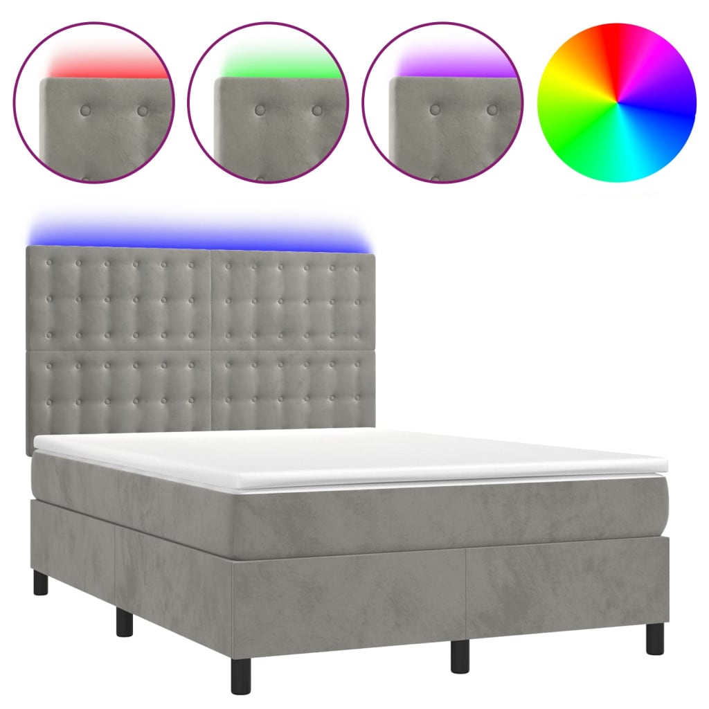 Krevet box spring s madracem LED svjetlosivi 140x200 cm baršun