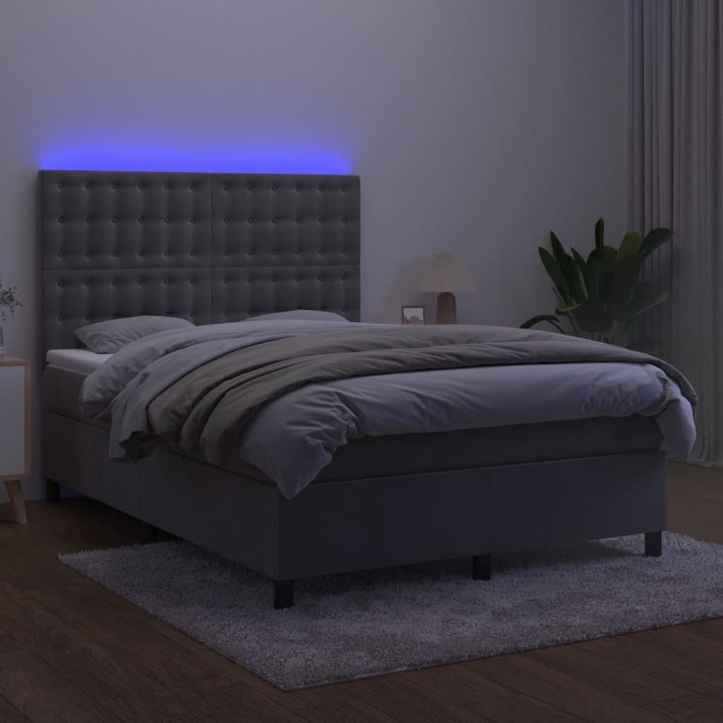 Krevet box spring s madracem LED svjetlosivi 140x200 cm baršun