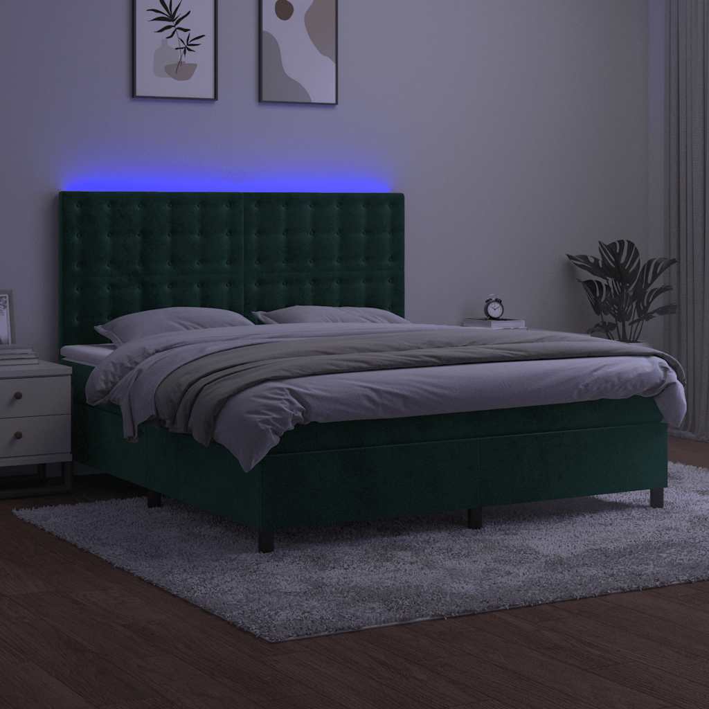 Krevet box spring s madracem LED tamnozeleni 160x200 cm baršun