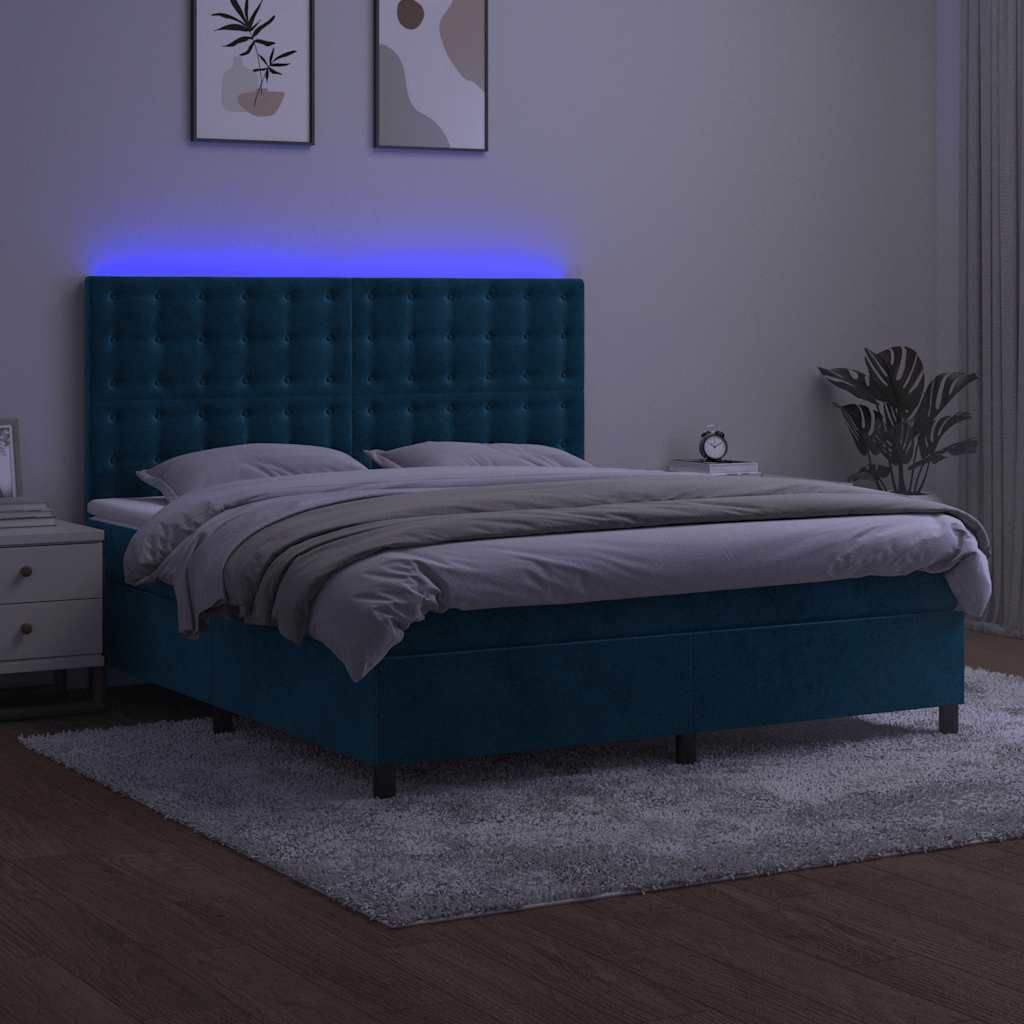 Krevet box spring s madracem LED tamnoplavi 180x200 cm baršun
