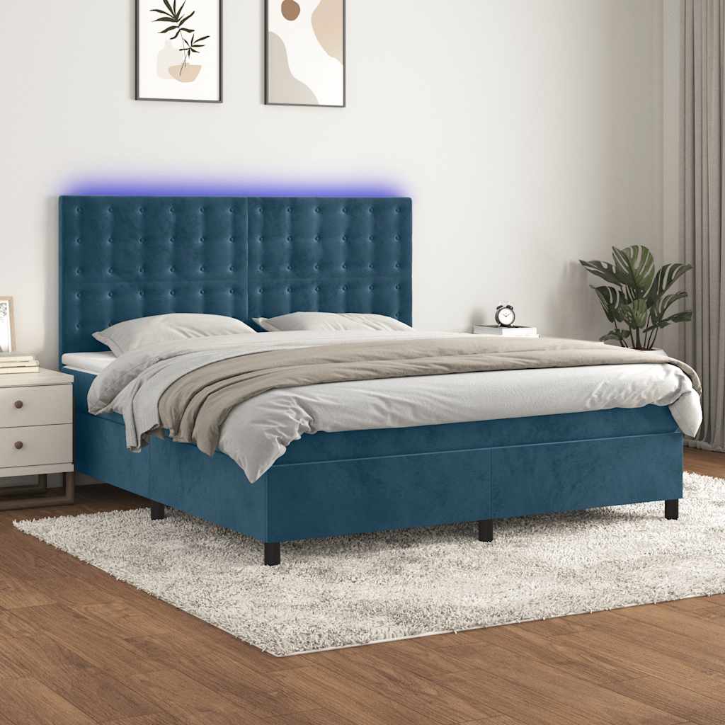 Krevet box spring s madracem LED tamnoplavi 180x200 cm baršun
