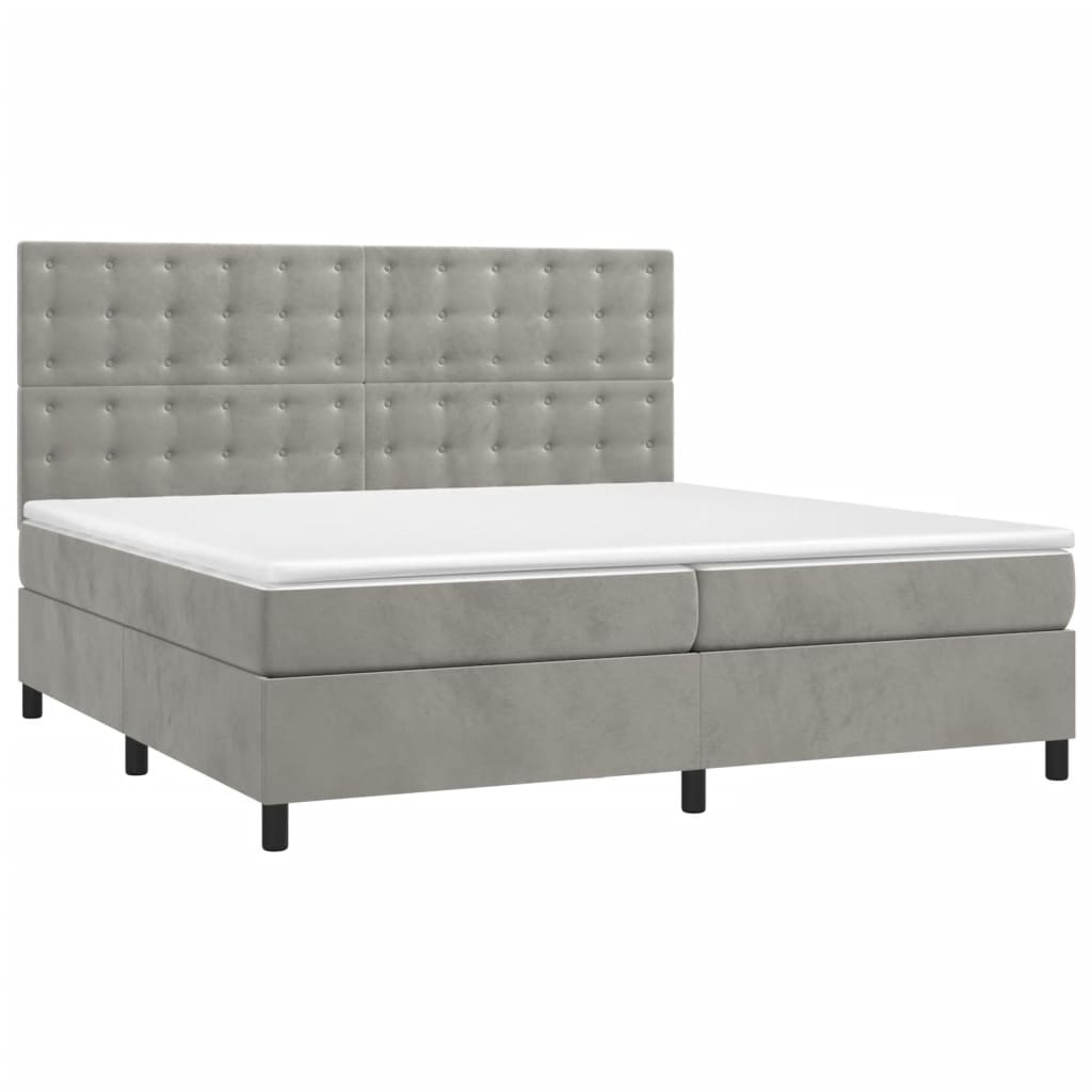 Krevet box spring s madracem LED svjetlosivi 200x200 cm baršun