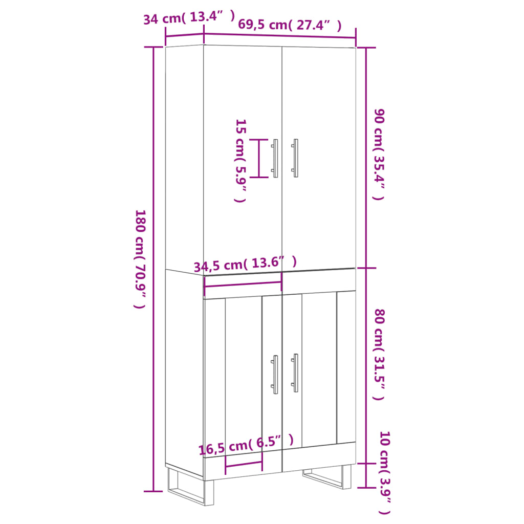 Visoka komoda dimljeni hrast 69,5x34x180 cm konstruiranog drva