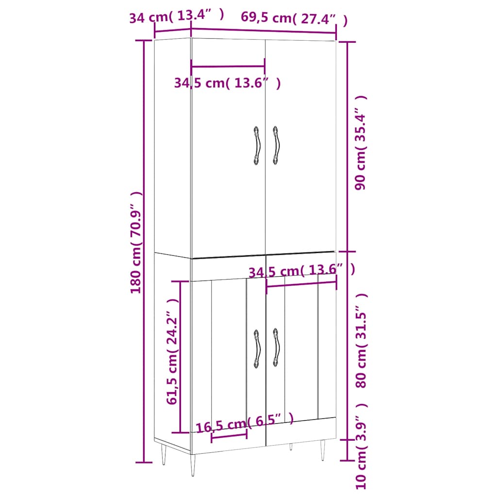 Visoka komoda bijela 69,5x34x180 cm konstruirano drvo