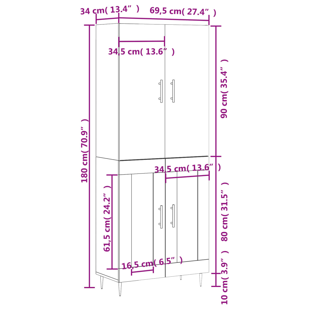 Visoka komoda dimljeni hrast 69,5x34x180 cm konstruiranog drva
