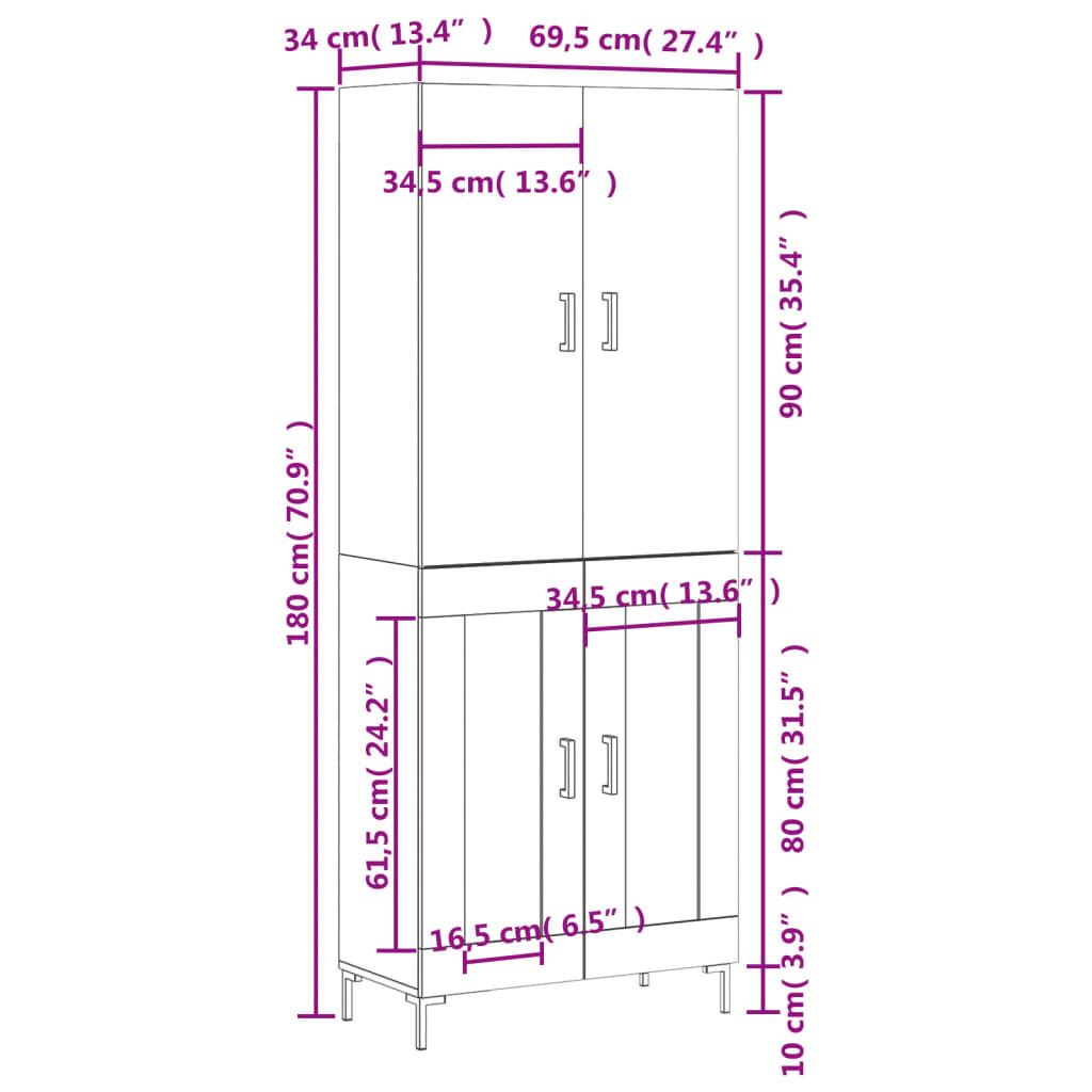 Visoka komoda dimljeni hrast 69,5x34x180 cm konstruiranog drva