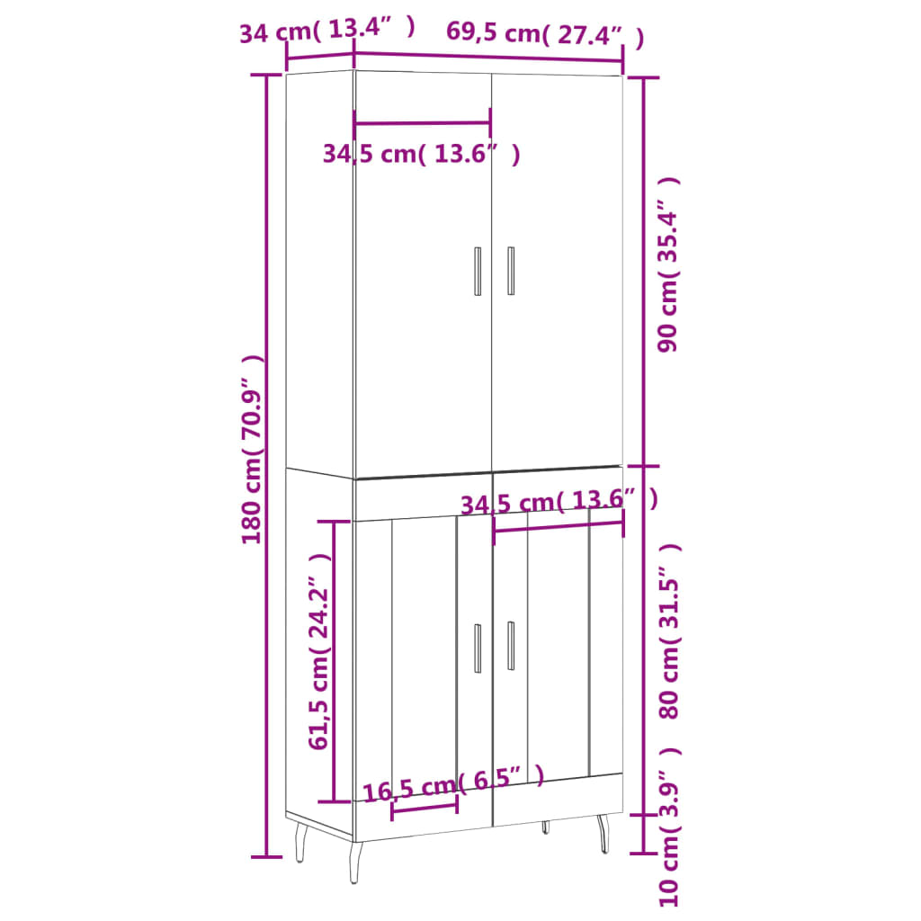 Visoka komoda bijela 69,5x34x180 cm konstruirano drvo