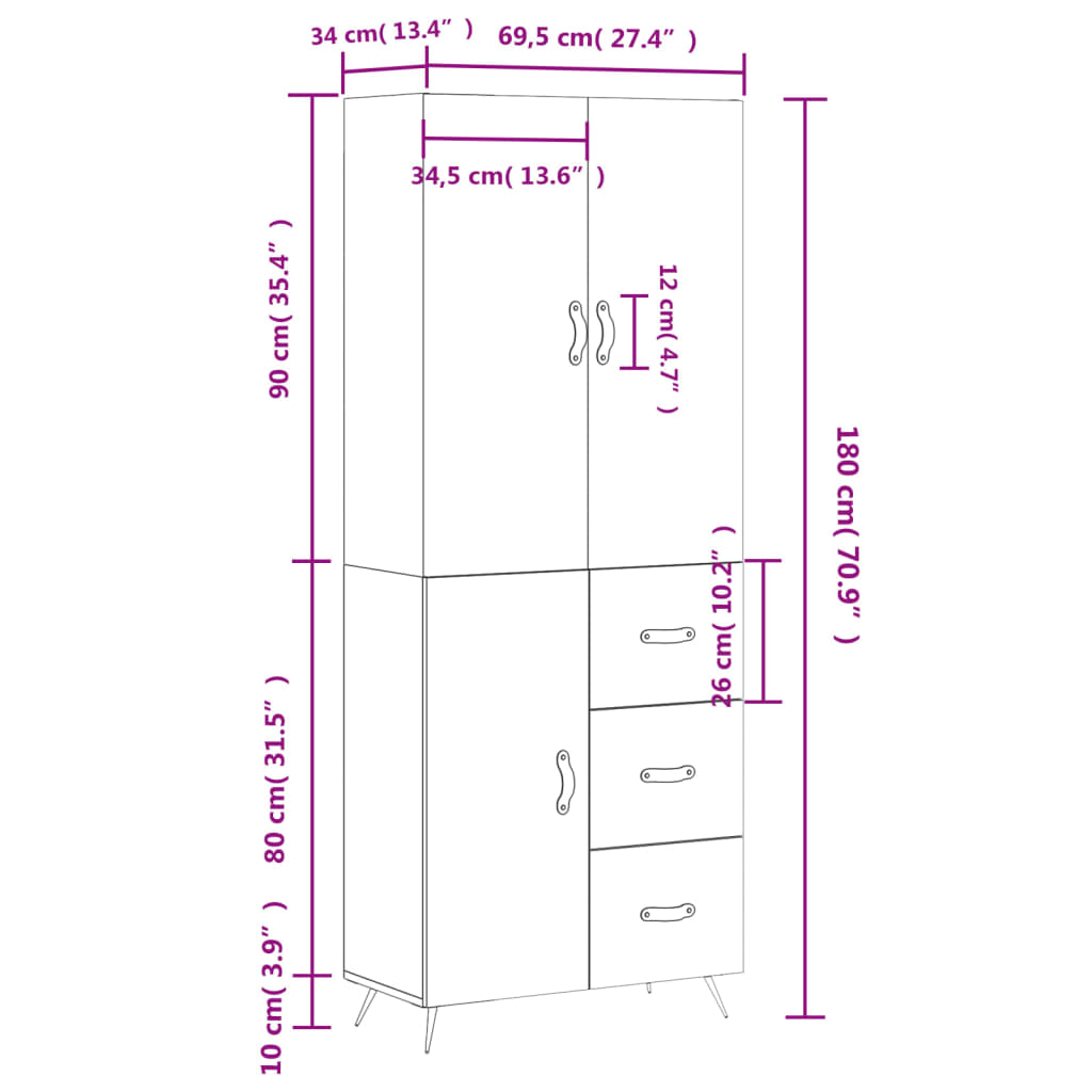Visoka komoda bijela 69,5x34x180 cm konstruirano drvo