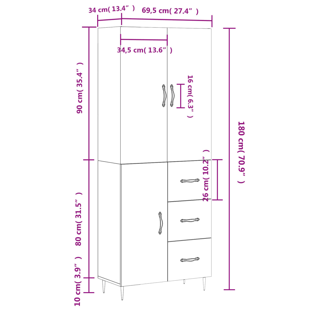 Visoka komoda siva sonome 69,5x34x180 cm od konstruiranog drva