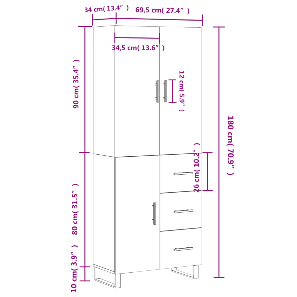 Visoka komoda hrasta sonome 69,5x34x180cm od konstruiranog drva