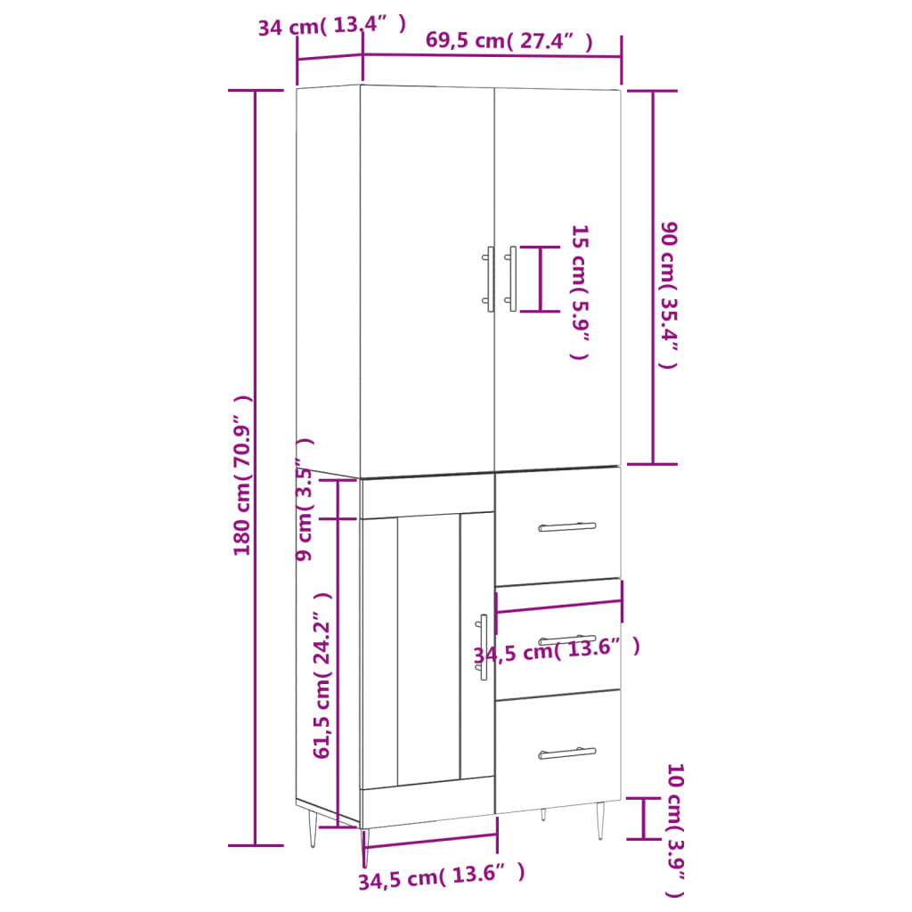 Visoka komoda siva betona 69,5x34x180 cm od konstruiranog drva