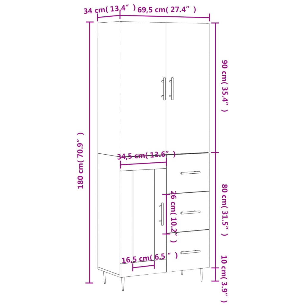 Visoka komoda siva betona 69,5x34x180 cm od konstruiranog drva