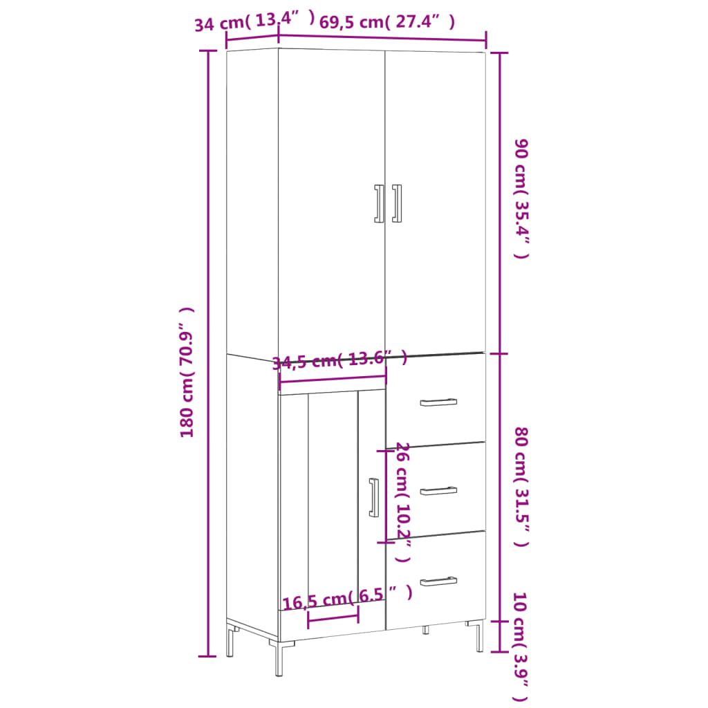 Visoka komoda siva sonome 69,5x34x180 cm od konstruiranog drva