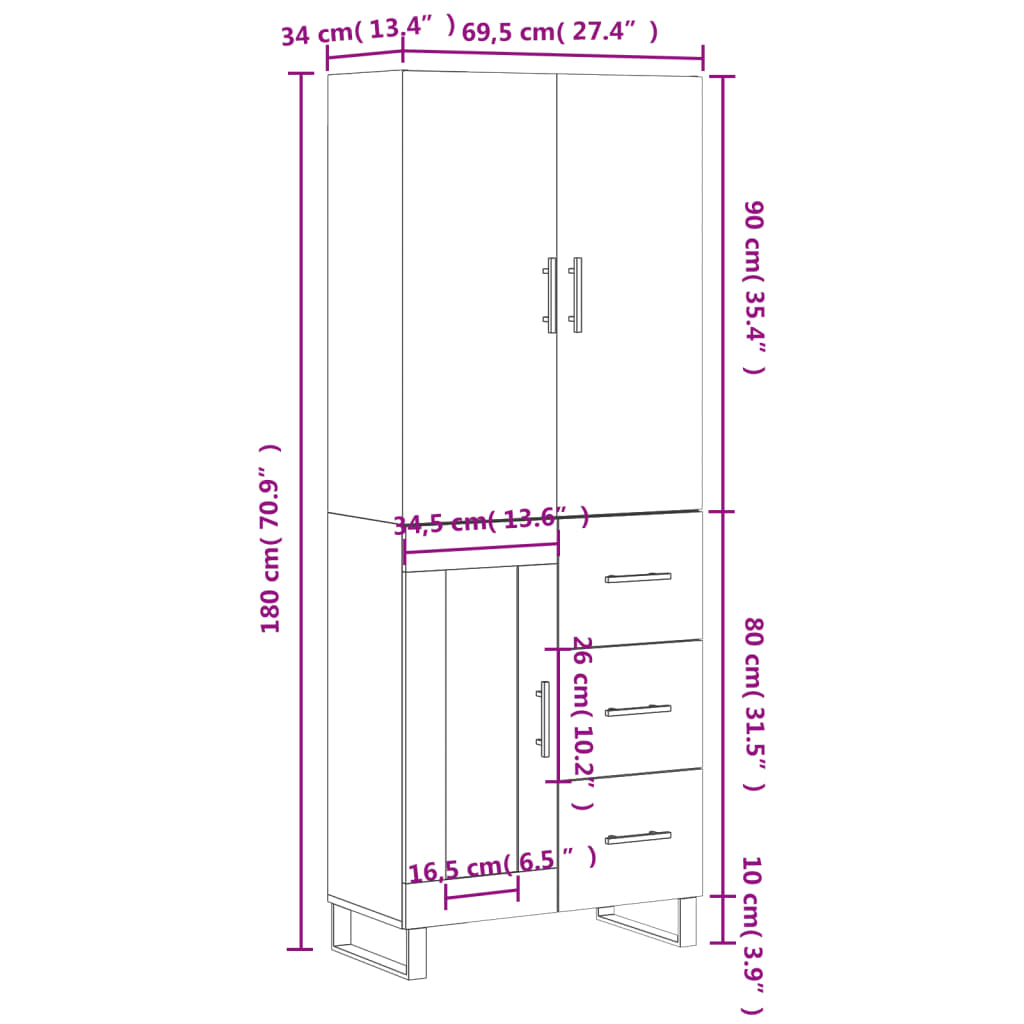 Visoka komoda siva betona 69,5x34x180 cm od konstruiranog drva