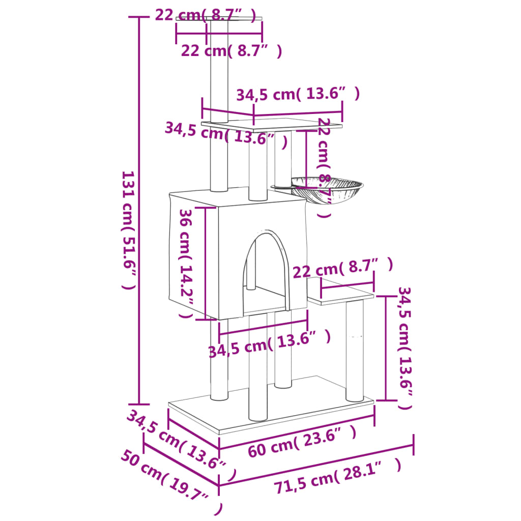 Penjalica za mačke sa stupovima za grebanje krem 131 cm