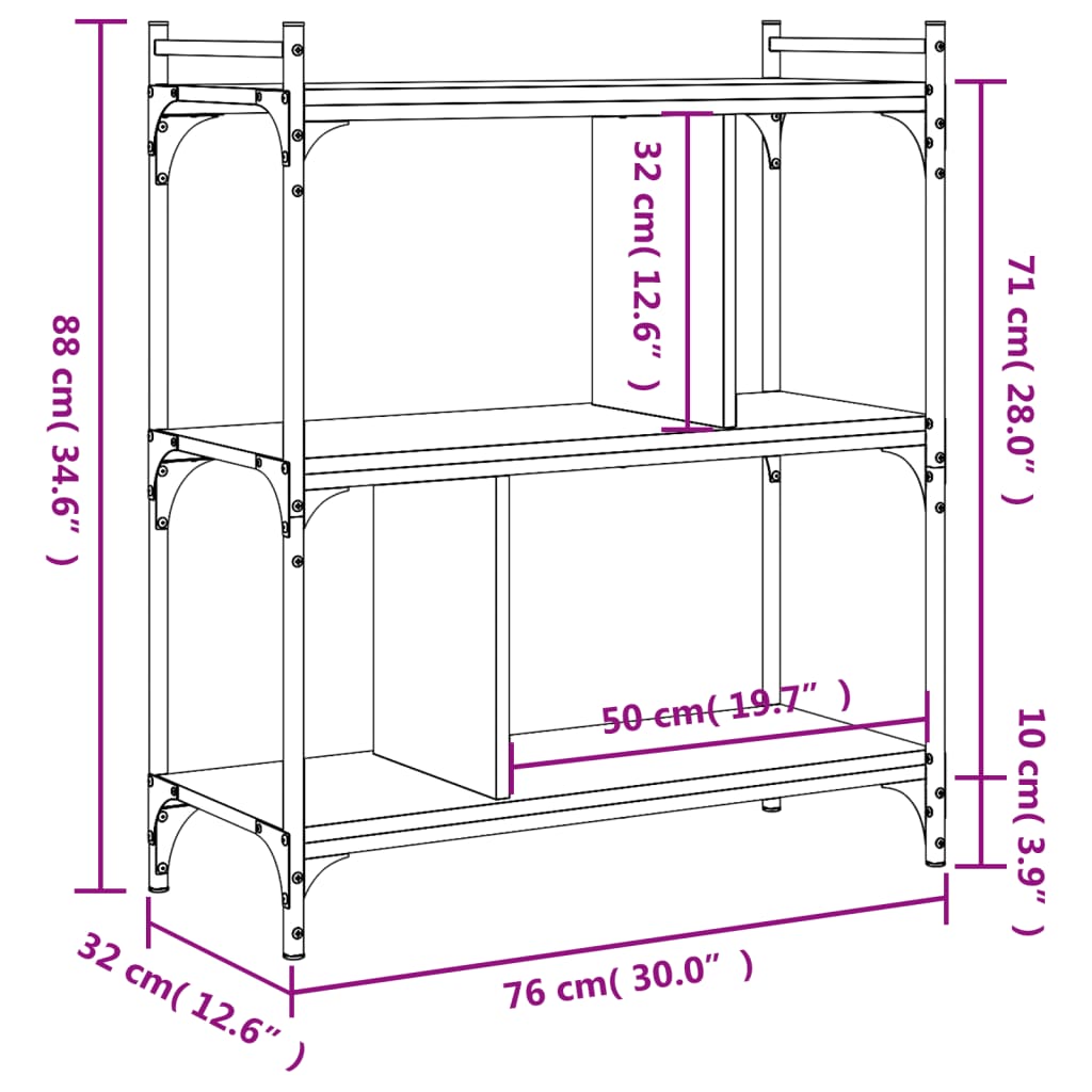 Regal za knjige s 3 razine siva boja hrasta 76x32x88 cm drveni