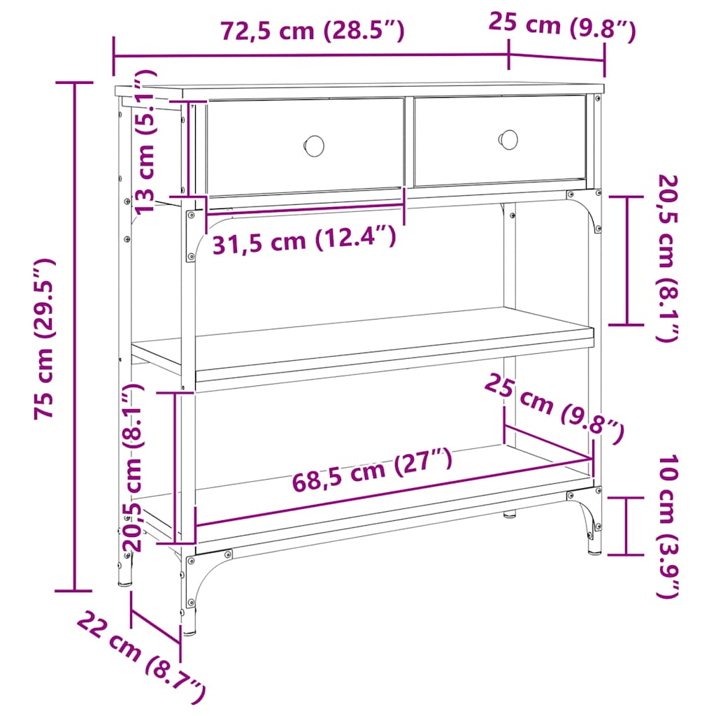 Konzolni stol siva boja hrasta 72,5x25x75 cm konstruirano drvo