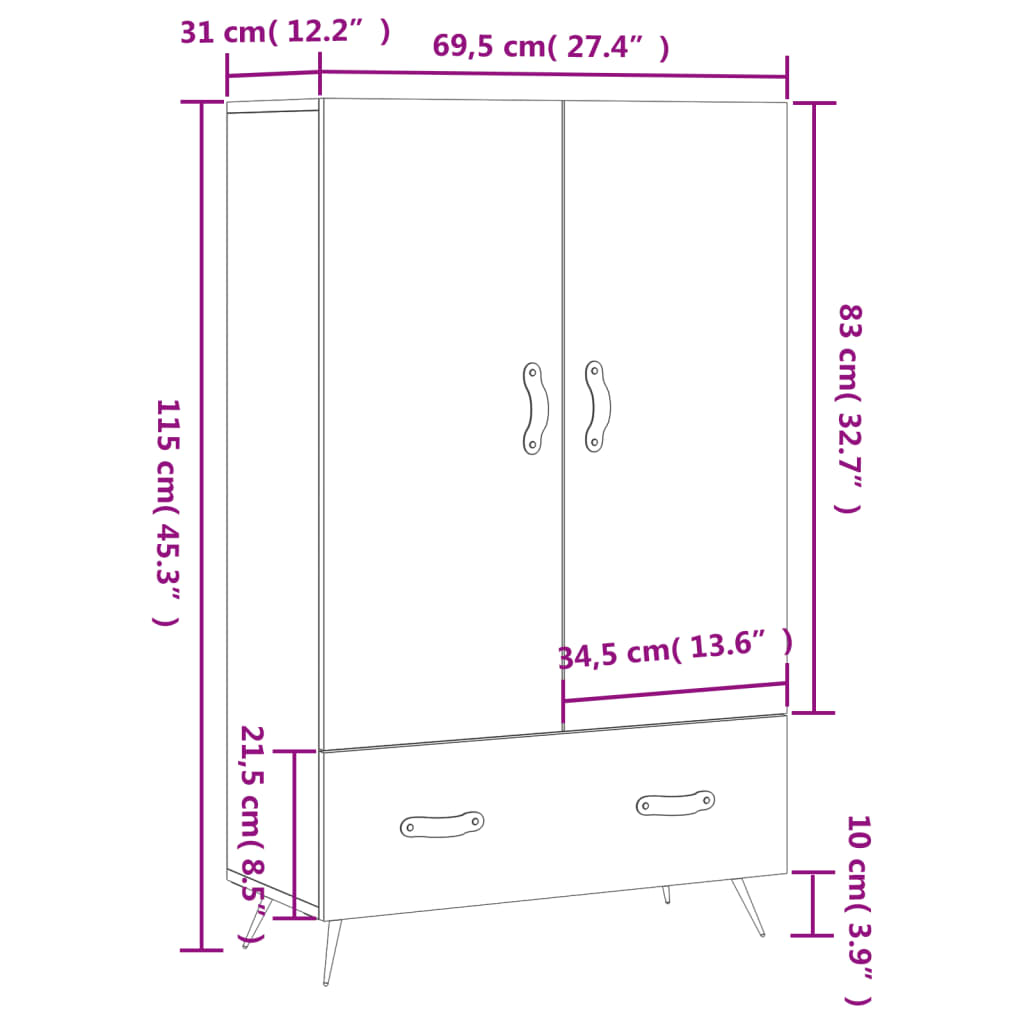 Visoka komoda bijela 69,5 x 31 x 115 cm od konstruiranog drva