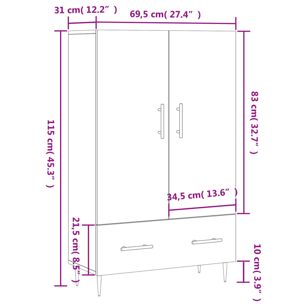 Visoka komoda boja hrasta 69,5 x 31 x 115 cm konstruirano drvo
