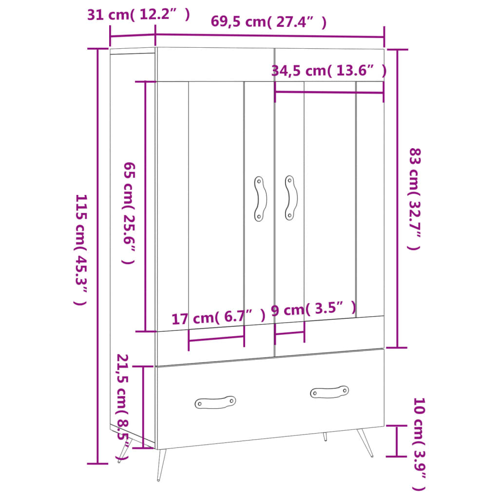 Visoka komoda bijela 69,5 x 31 x 115 cm od konstruiranog drva