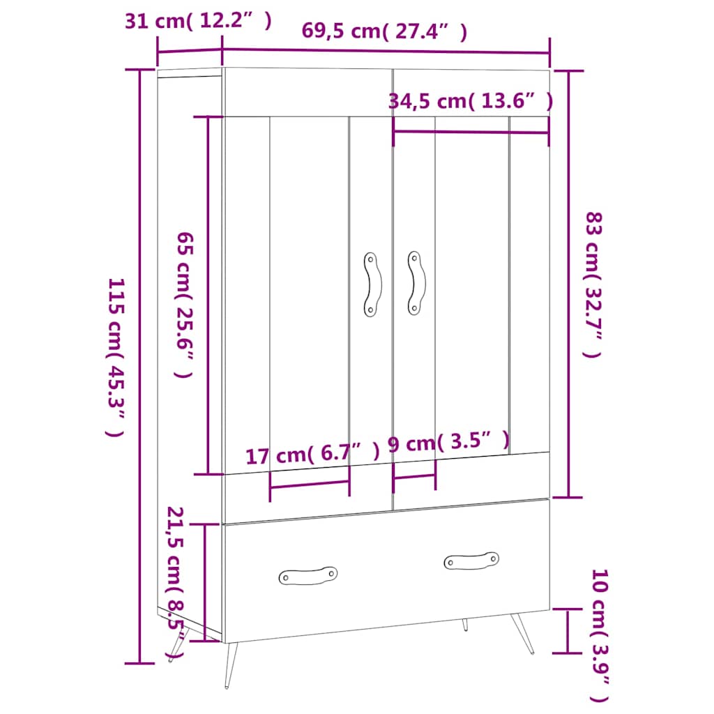Visoka komoda siva boja hrasta 69,5x31x115 cm konstruirano drvo