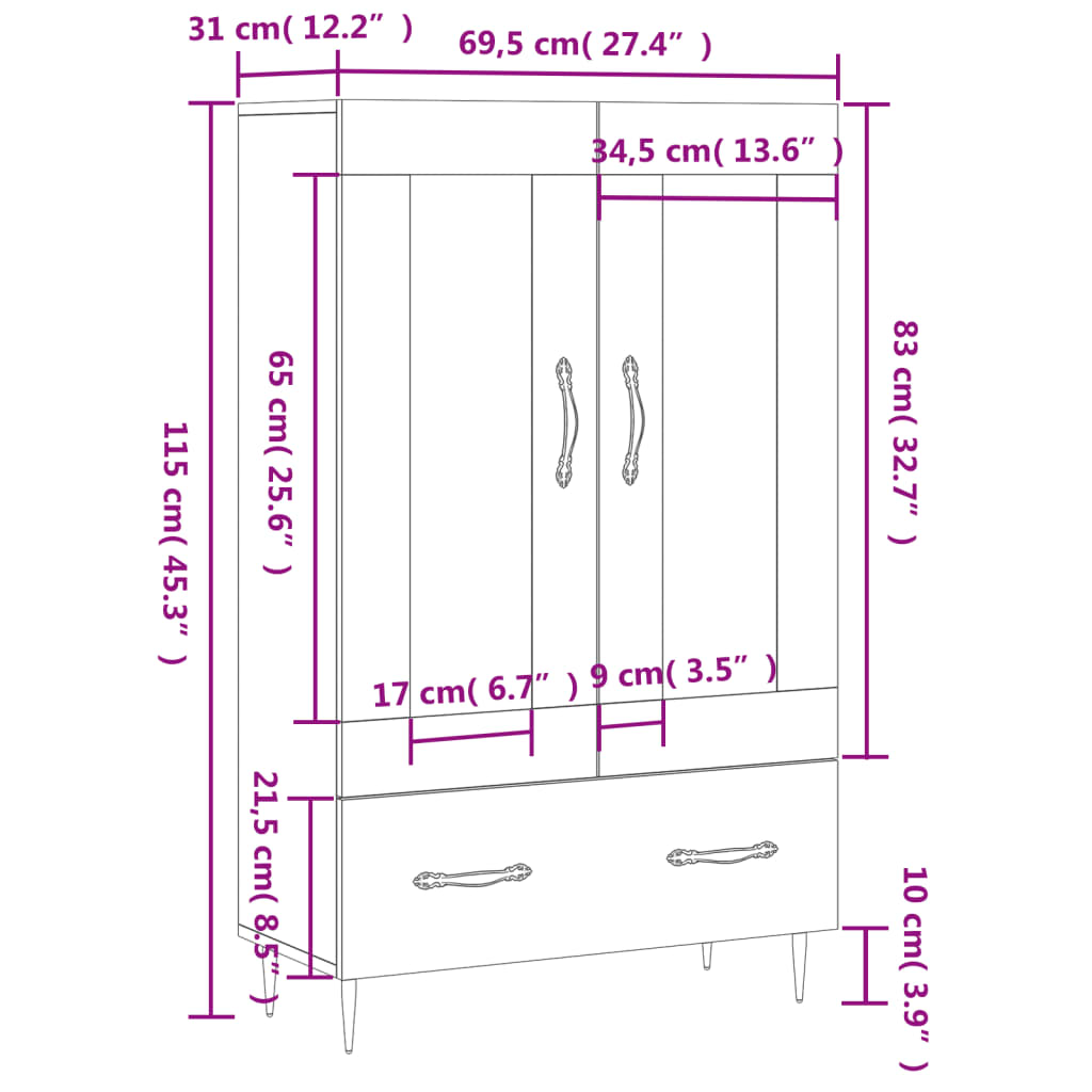 Visoka komoda boja hrasta 69,5 x 31 x 115 cm konstruirano drvo