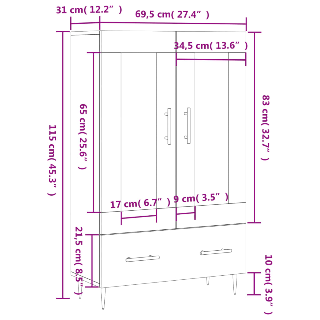 Visoka komoda bijela 69,5 x 31 x 115 cm od konstruiranog drva