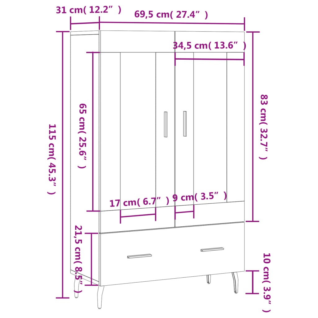 Visoka komoda boja hrasta 69,5 x 31 x 115 cm konstruirano drvo