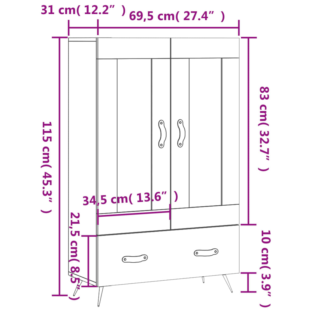 Visoka komoda boja hrasta 69,5 x 31 x 115 cm konstruirano drvo