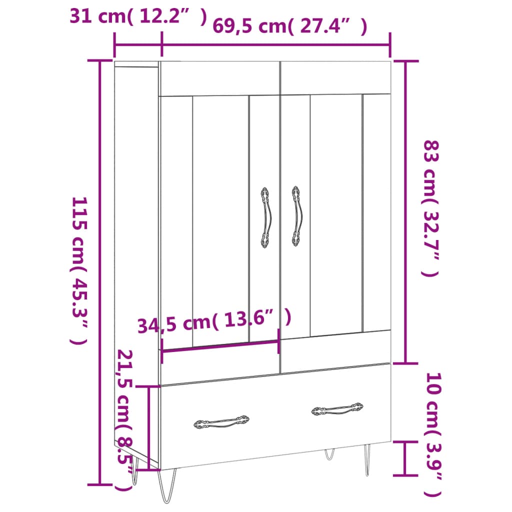 Visoka komoda boja hrasta 69,5 x 31 x 115 cm konstruirano drvo