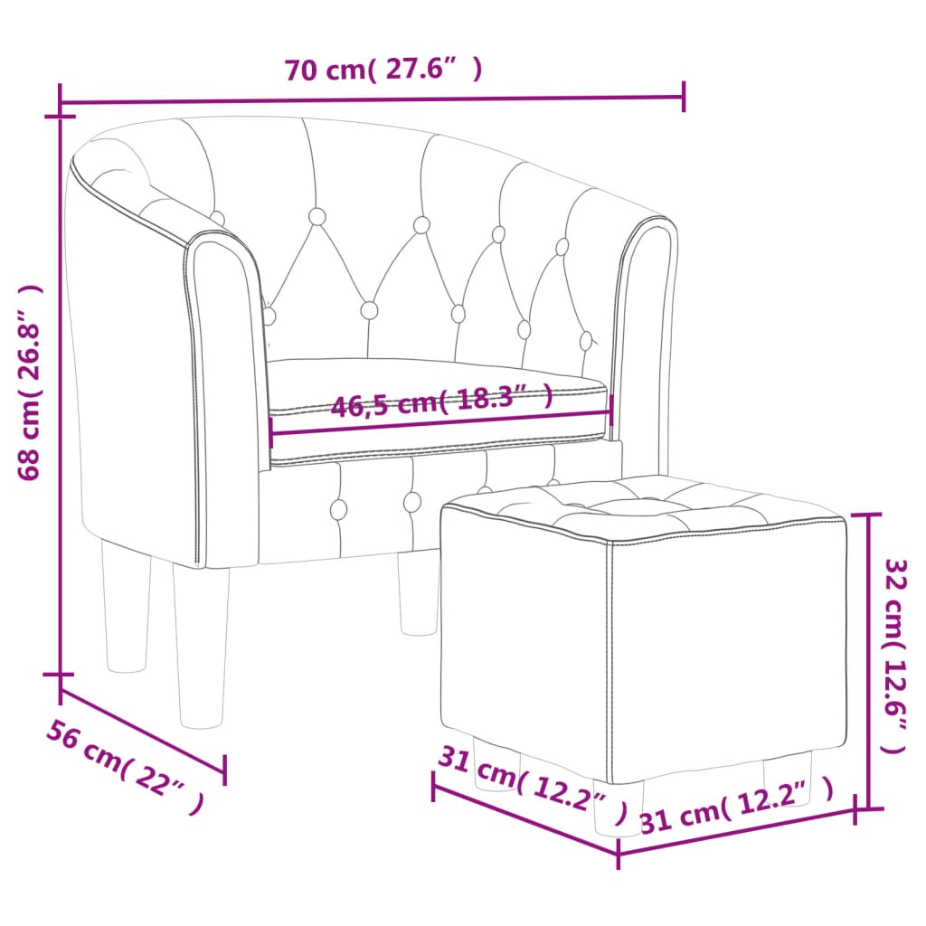 Zaobljena fotelja od umjetne kože s tabureom crna