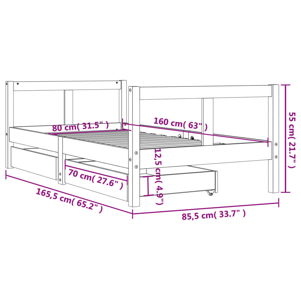 Okvir za dječji krevet s ladicama crni 80 x 160 cm od borovine