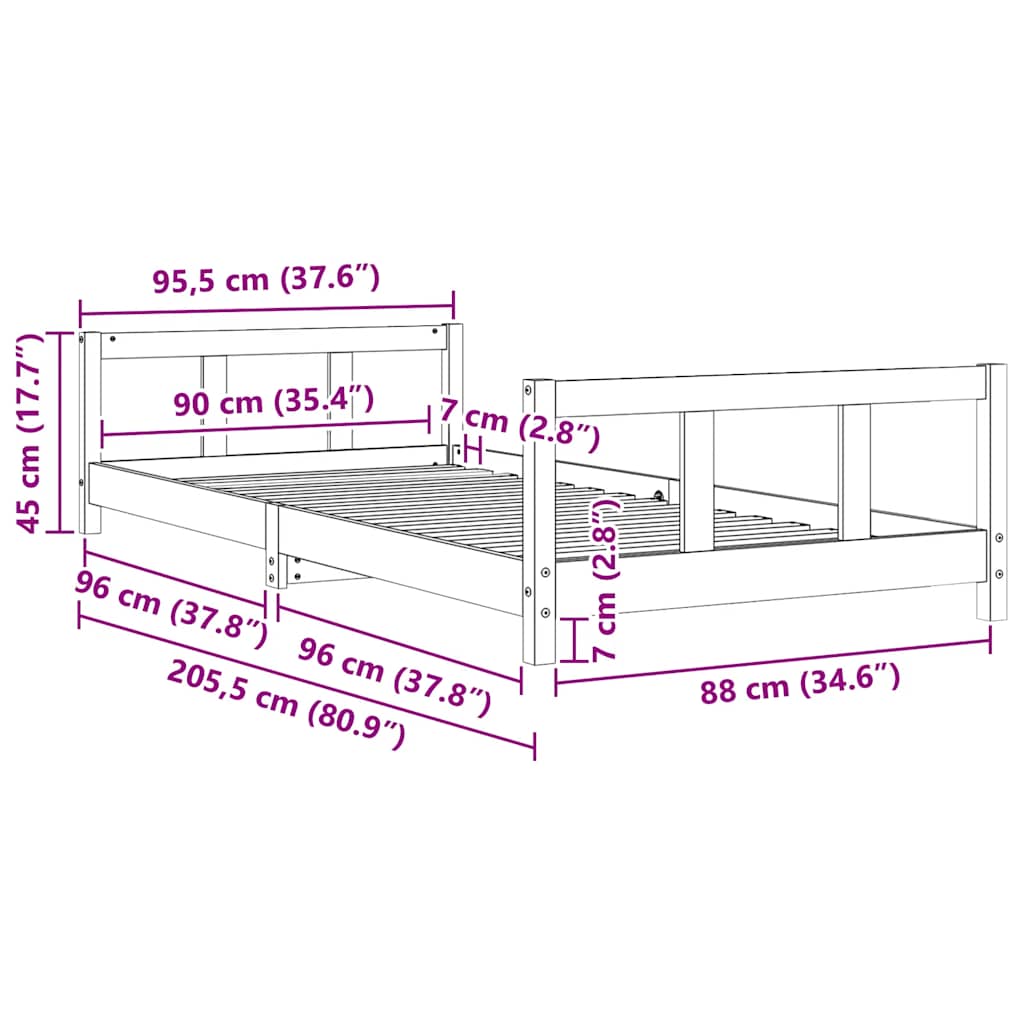 Okvir za dječji krevet 90 x 200 cm od masivne borovine