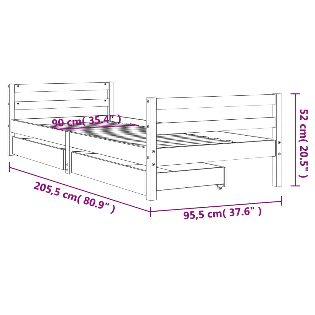 Okvir za dječji krevet s ladicama bijeli 90 x 200 cm borovina