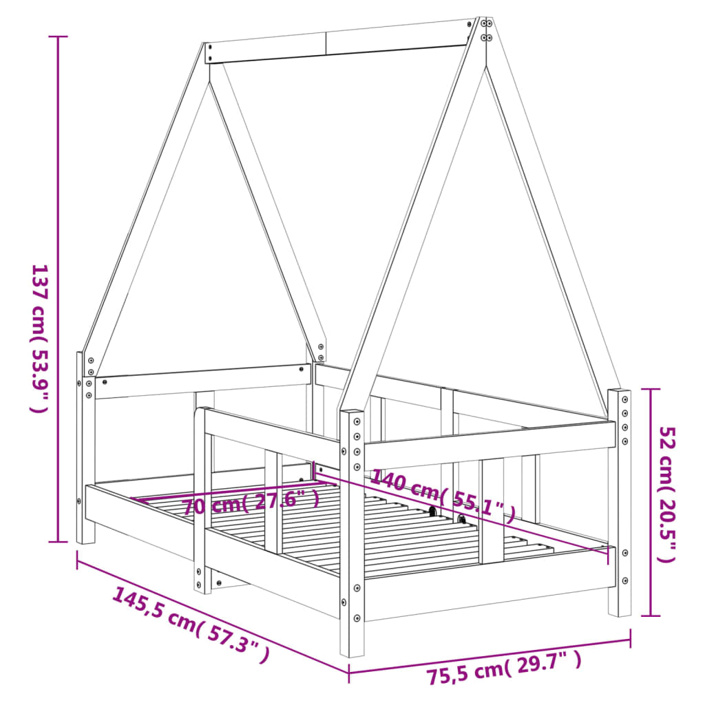 Okvir za dječji krevet 70 x 140 cm od masivne borovine
