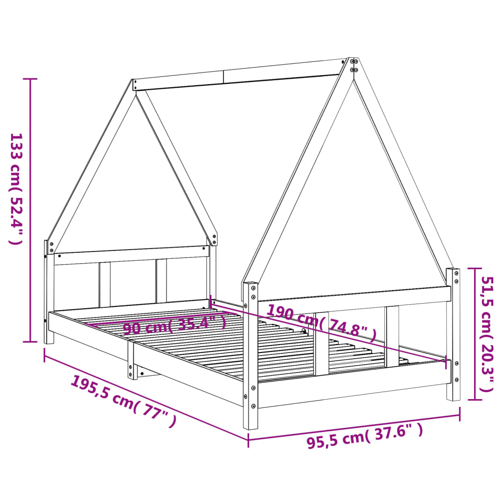 Okvir za dječji krevet bijeli 90 x 190 cm od masivne borovine