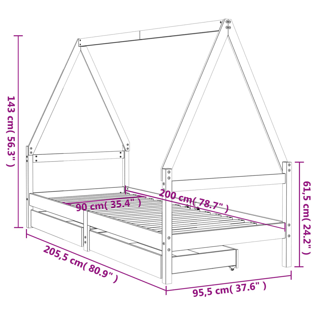 Okvir za dječji krevet s ladicama crni 90 x 200 cm od borovine