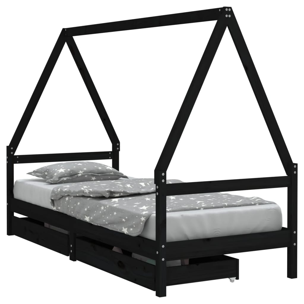 Okvir za dječji krevet s ladicama crni 90 x 190 cm od borovine